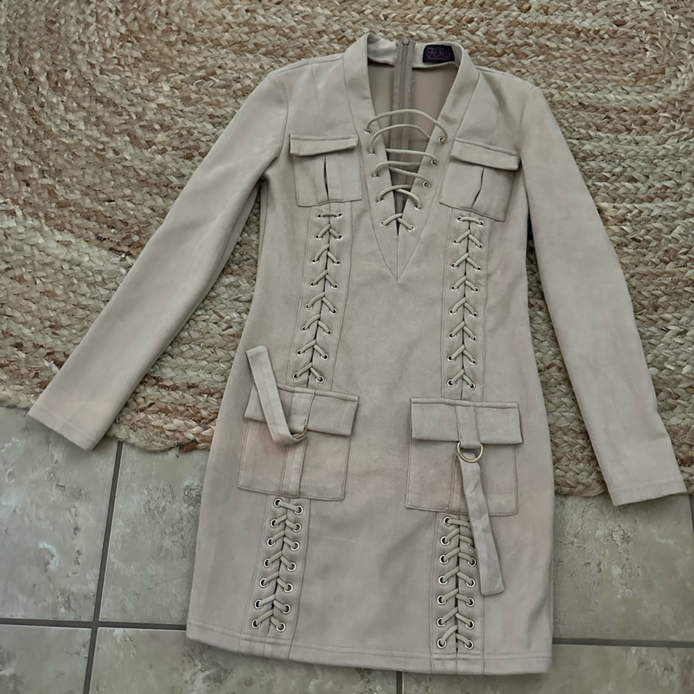 Lace-Up Suede Mini Dress in Light Beige